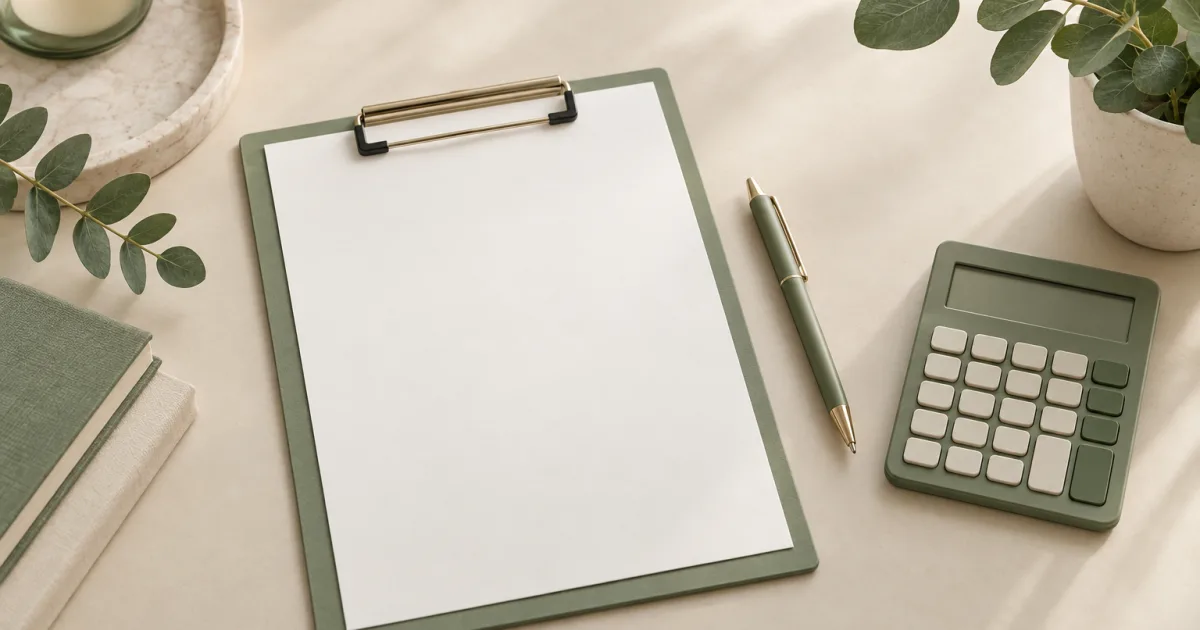 Neutral illustration of a blank clipboard, pen, and calculator for planning consultation questions.