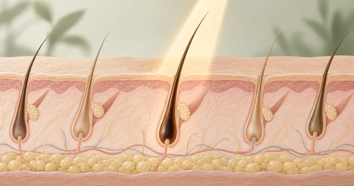 Conceptual illustration of light directed toward a hair follicle beneath the skin's surface.